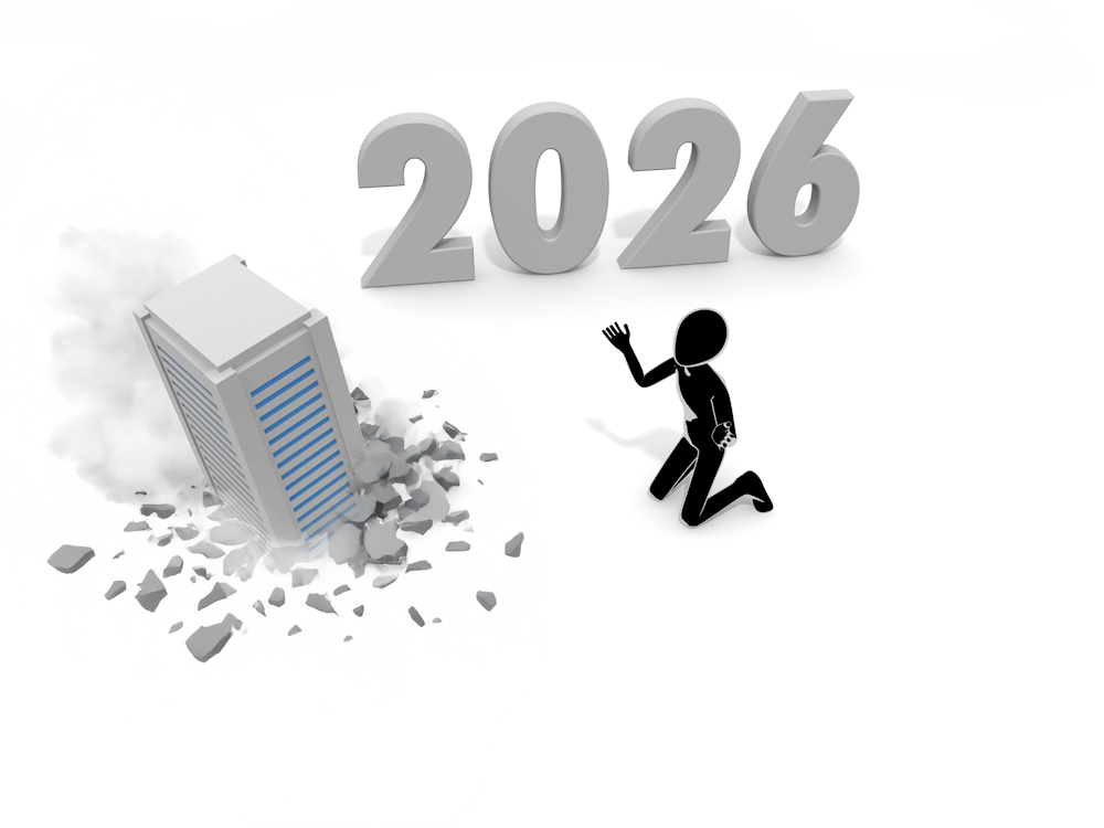 崩壊する建物を背に、2026年に向かって逃げ出す人物のイラスト。困難からの脱出、逆境の克服、再出発を表現している。