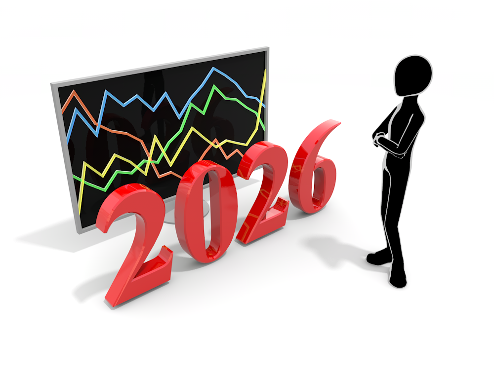 2026年の数字とグラフを見つめる人物のイラスト。市場分析、将来予測、ビジネス戦略を表現している。