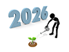 2026年の目標を立てる人物のイラスト。人物が2026年という大きな数字の横で、小さな芽に水をやっている。新年の計画、成長、育成を表現している。