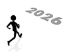 2026年に向かって走り出す人物のイラスト。未来へ向かって前進する様子を表現している。新年のスタート、挑戦、目標達成のイメージ。