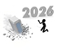 崩壊する建物を背に、2026年に向かって逃げ出す人物のイラスト。困難からの脱出、逆境の克服、再出発を表現している。