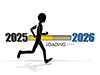 2025年から2026年へ向かうローディングバーを人物が走っているイラスト。年末年始の移行、時間の経過、目標達成へのプロセスを表現している。