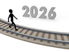 2026年へ続くレールの上を歩く人物のイラスト。未来への道筋、キャリアパス、着実な前進を表現している。