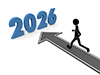 2026年へ向かう矢印の上を走る人物のイラスト。目標達成、明確な方向性、前進を表現している。