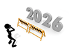 2026年の前に置かれたバリケードを見て途方に暮れる人物のイラスト。目標達成までの障害、困難、挫折を表現している。