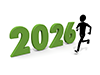 緑色の2026年という数字を追いかけるように走る人物のイラスト。目標達成、成功、前進を表現している。
