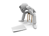 Illustration of a human figure sitting on a round stool, holding his head and staring at a white piece of paper