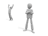 A simple illustration of a person celebrating with a fist pump and a person looking with their arms folded