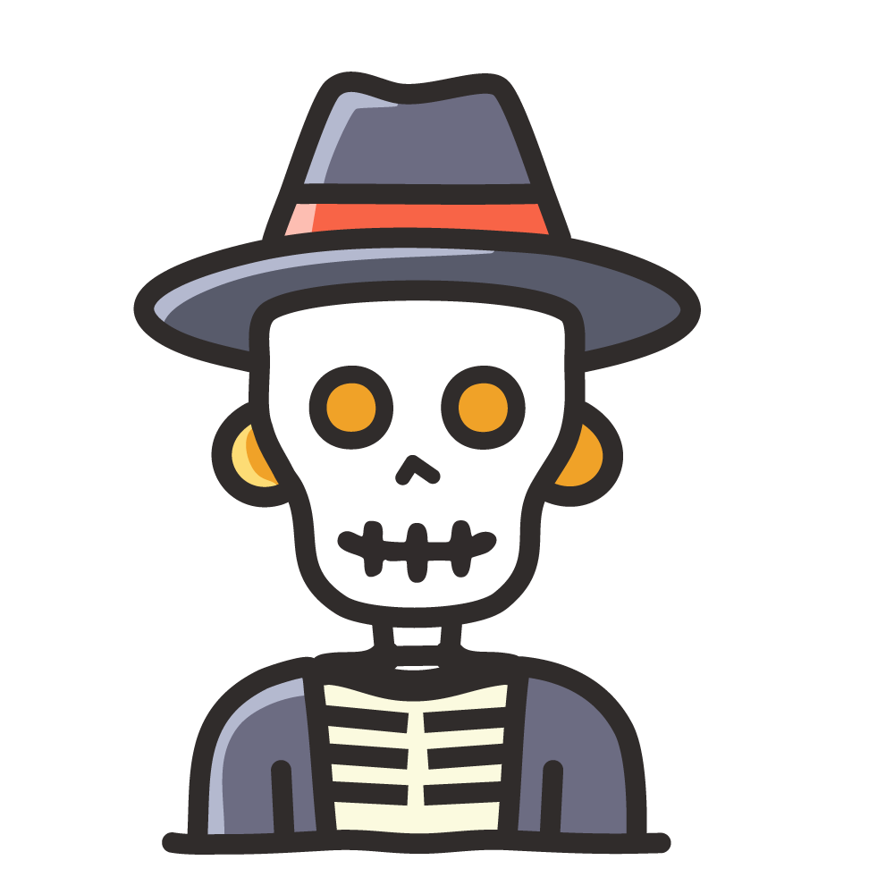ハロウィンの帽子をかぶったガイコツ、無料イラスト、背景透明