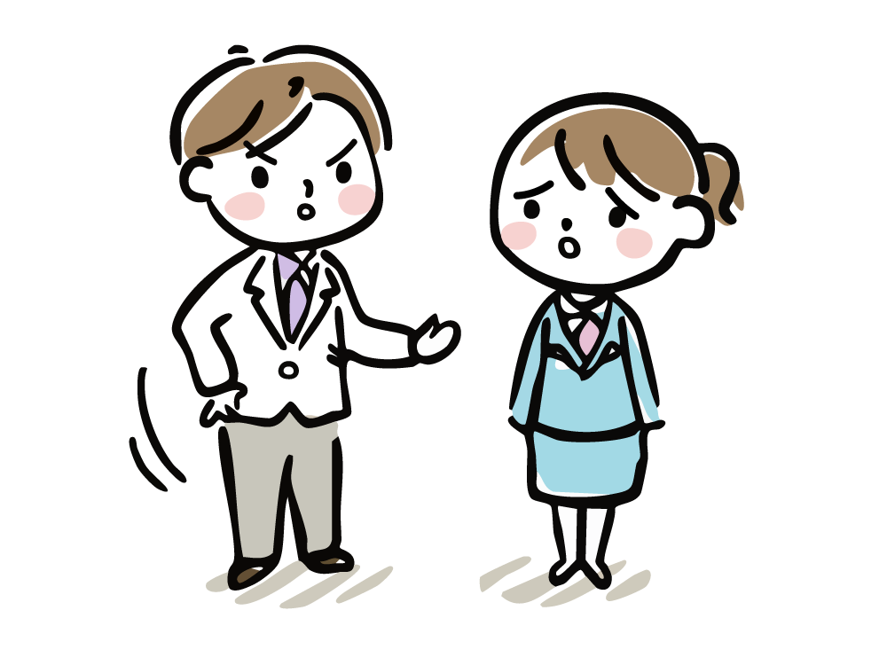 厳しい表情で女性部下を叱る男性上司のイラスト