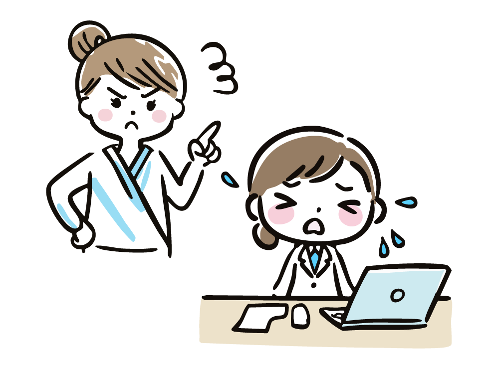 泣いている女性部下を厳しく叱る女性上司のイラスト