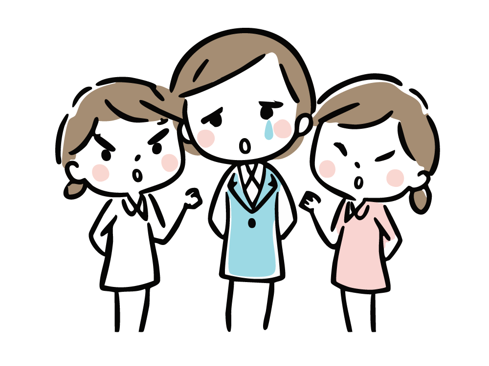 複数の女性に責められて困惑する女性のイラスト