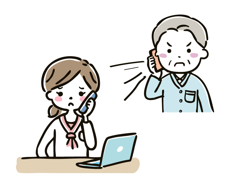 電話口で怒る顧客と困惑する女性社員のイラスト