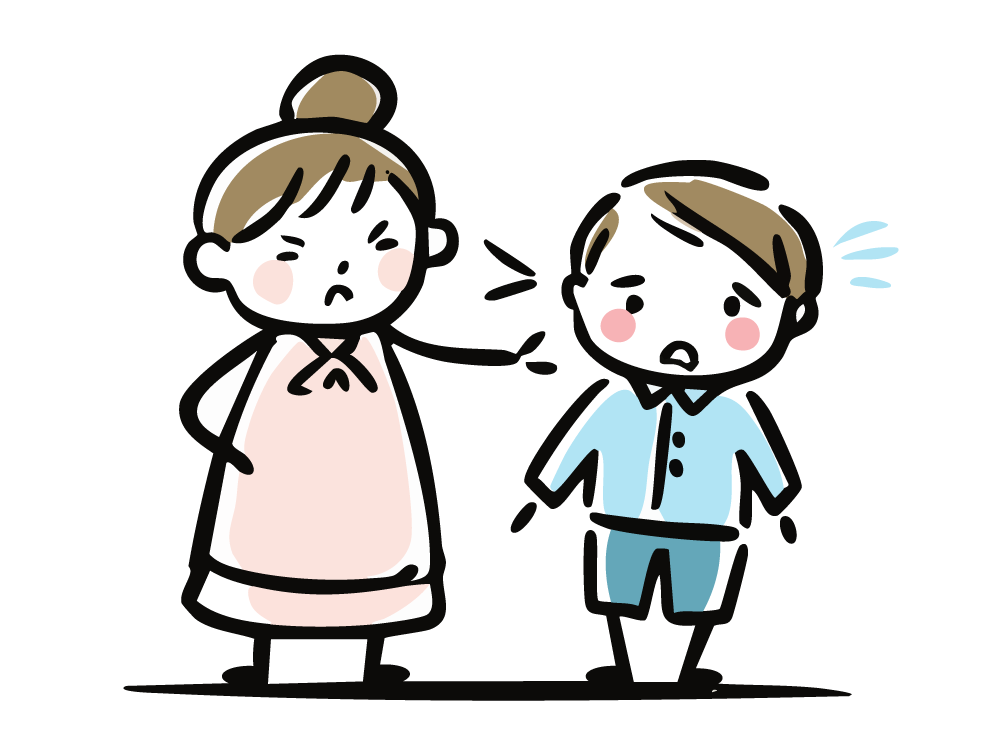 厳しい表情で子供を叱る母親のイラスト