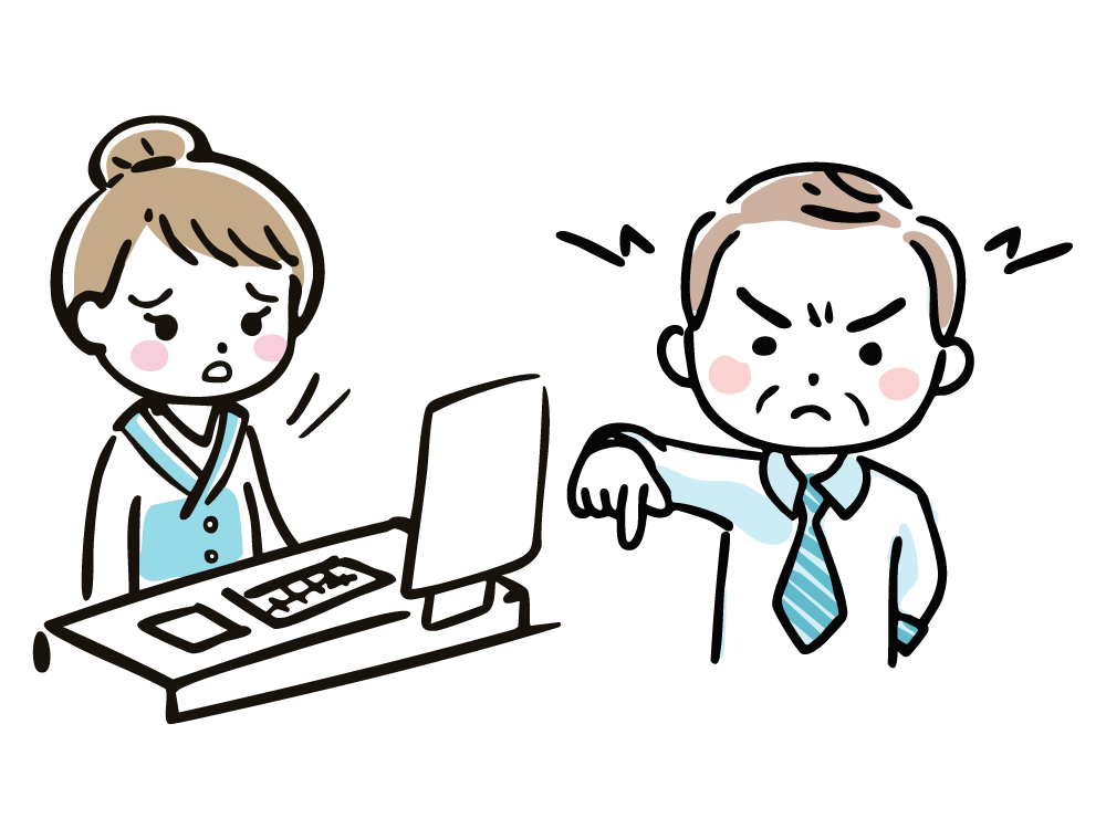 怒って指さす男性顧客と困惑する女性社員のイラスト