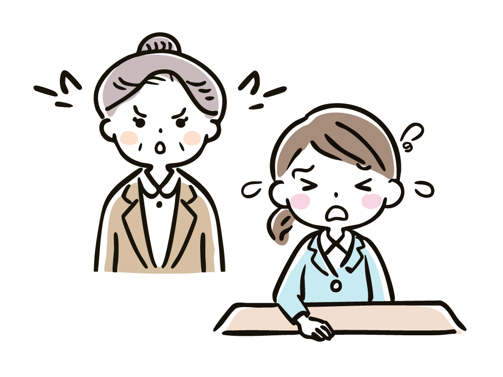 厳しい表情で女性部下を叱る年配の女性上司のイラスト