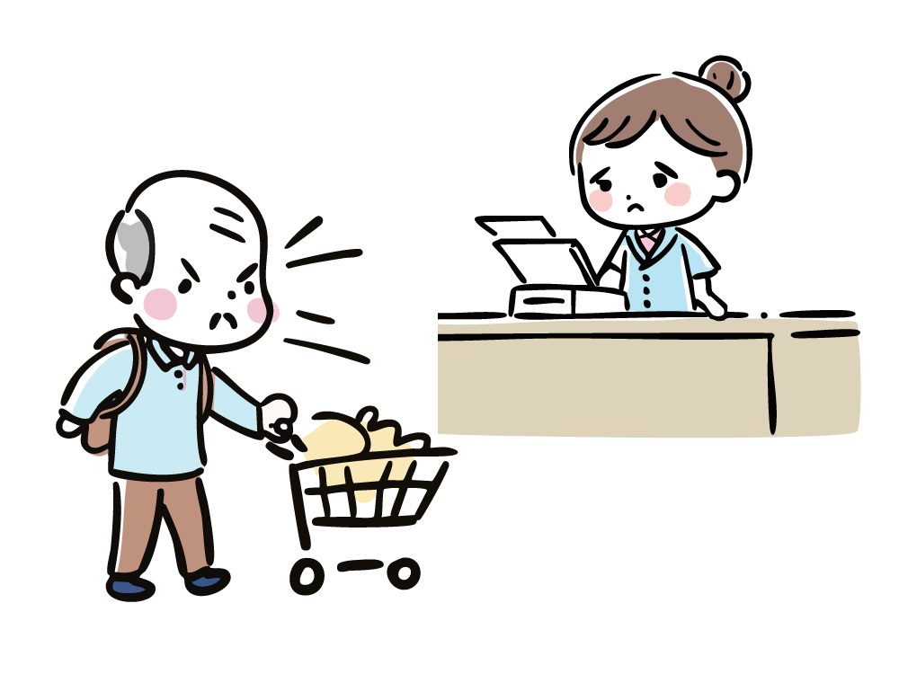 レジで怒る男性顧客と困惑する女性社員のイラスト