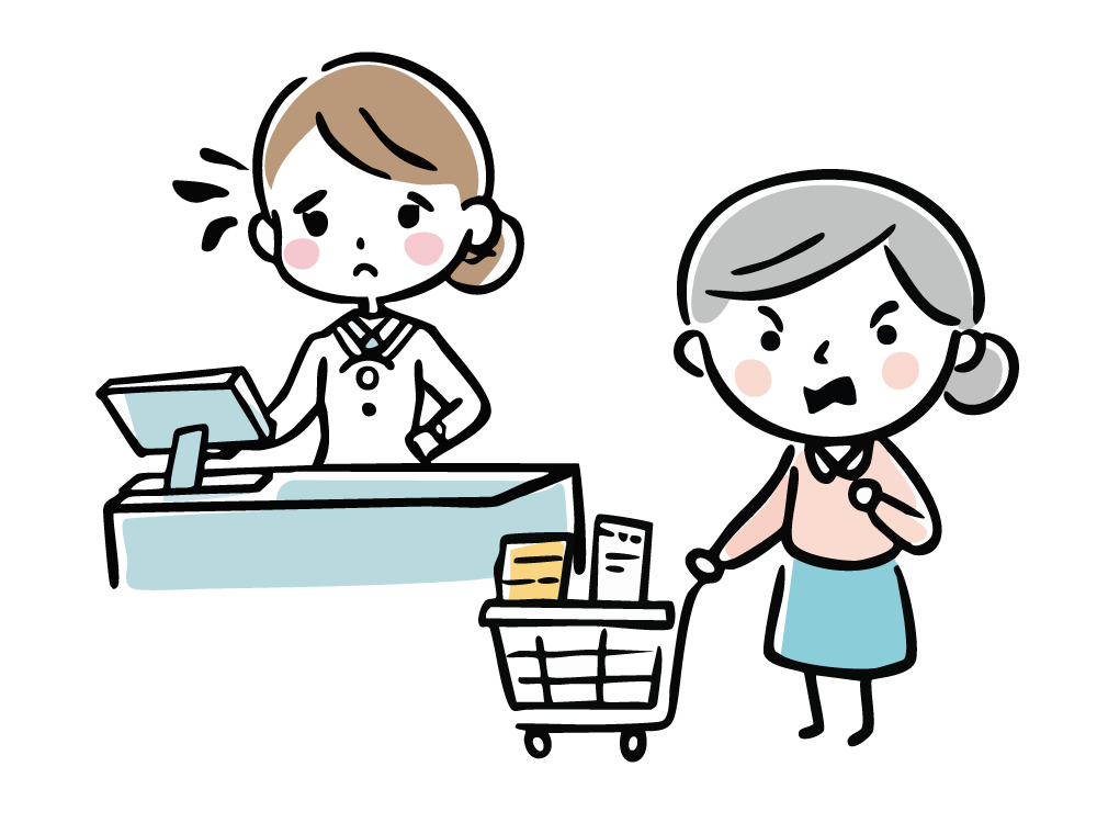 買い物カゴを手に怒る女性顧客と困惑する女性社員のイラスト