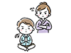 腕を組んで怒る女性と両手を合わせる男性のイラスト