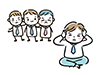 集団からの嫌がらせで耳を塞ぐ男性のイラスト