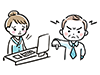 怒って指さす男性顧客と困惑する女性社員のイラスト