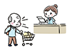 レジで怒る男性顧客と困惑する女性社員のイラスト