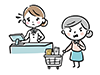 買い物カゴを手に怒る女性顧客と困惑する女性社員のイラスト