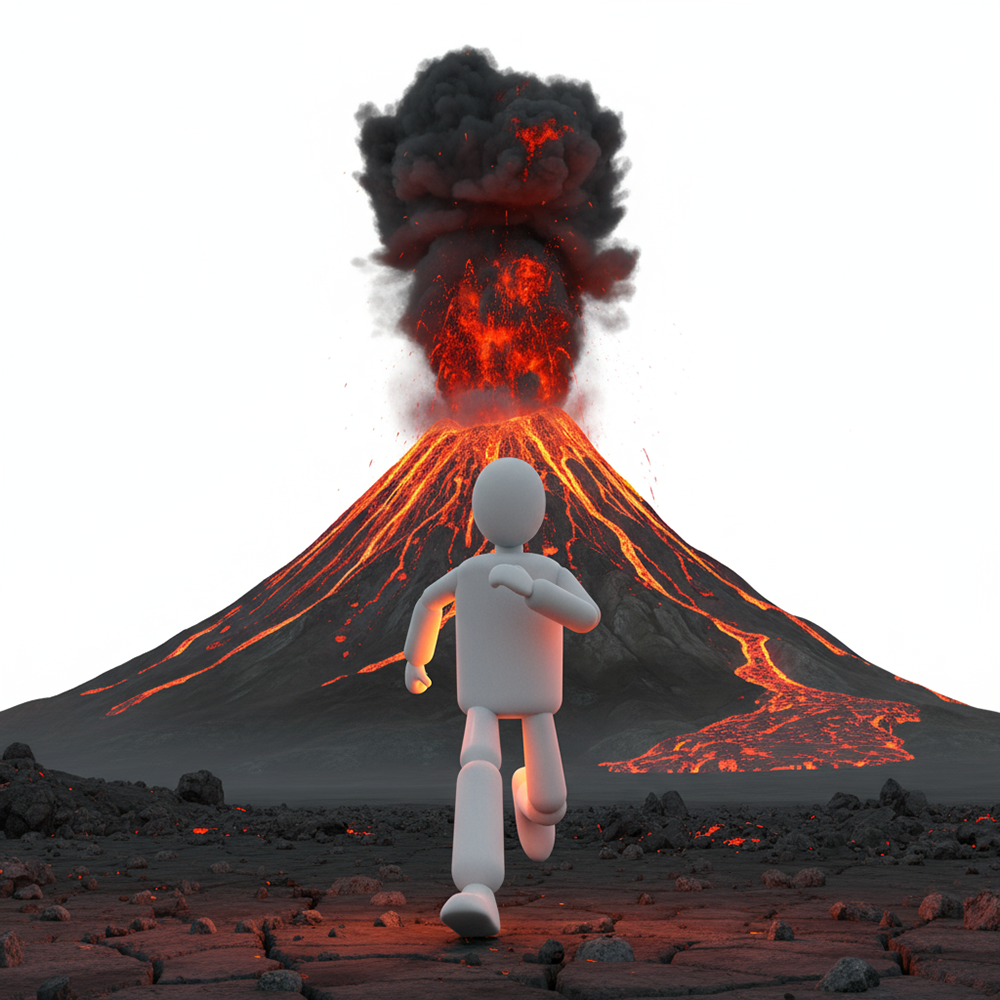 火山噴火から逃げる人物
