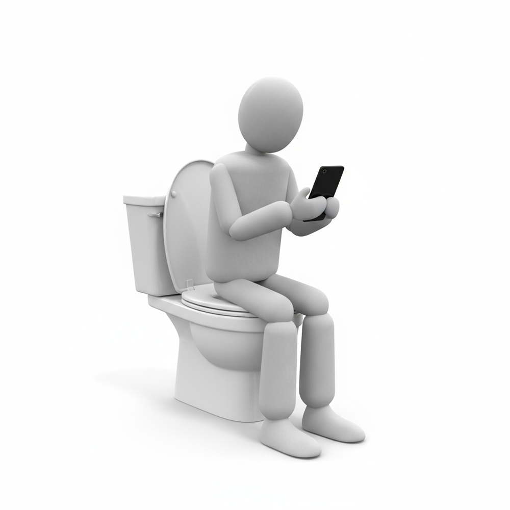 トイレの便座に座ってスマートフォンを操作する人物