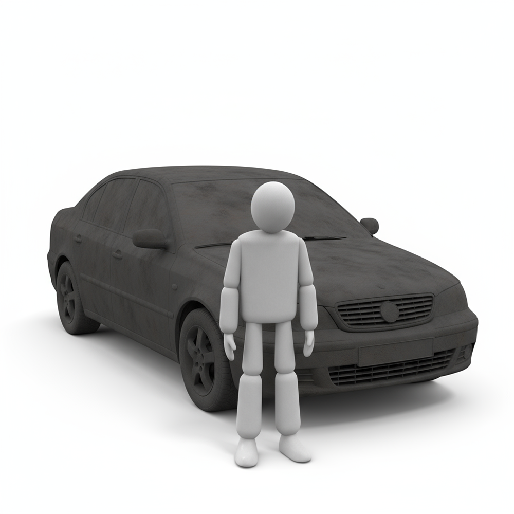 ひどく汚れた車の前に立つ人物