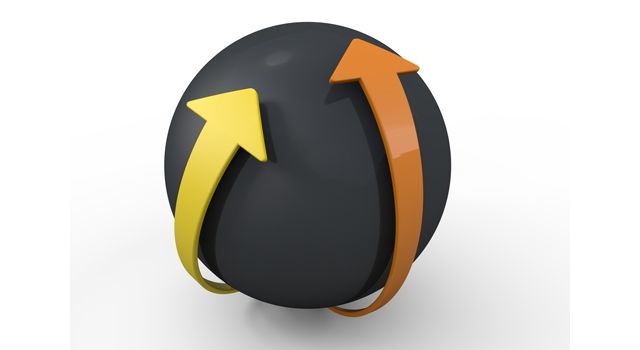 ボール状にそった矢印｜黄色｜オレンジ - イラスト / 3Dレンダリング / 無料 / ダウンロード / 写真 / 3DCG