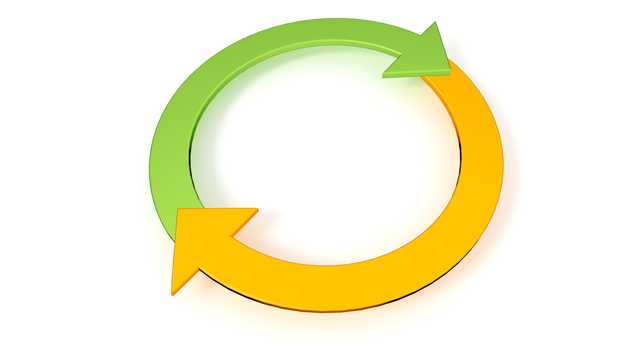 サイクル状の矢印｜半分に分かれた｜緑と黄色 - イラスト / 3Dレンダリング / 無料 / ダウンロード / 写真 / 3DCG