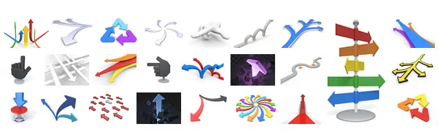 指差し確認の手や複雑に分岐する矢印、リサイクル記号、多方向を示す道路標識、スイッチを押す動作など、指針や方向決定を表現する3Dアイコン素材集。ナビゲーションや意思決定のプロセス、選択肢を視覚化するビジネス資料に適しています。