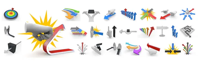 障害物を回避する矢印や的の中心を射抜く描写、壁を突破する力強い動き、複数方向に広がる矢印など、課題解決と目標到達をテーマにした3Dアイコンセット。困難の克服や戦略的な動き、成功イメージを表現するビジネス素材として活用できます。