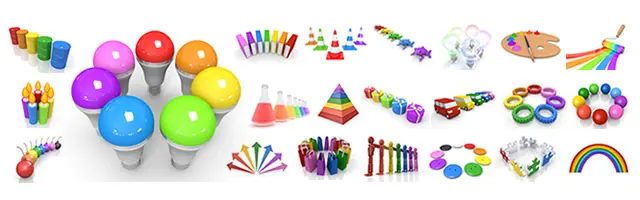 虹色のピラミッドやペンキローラー、円陣を組む人々、カラフルな本棚、積み木など、多様性と創造性を表現する鮮やかな3Dアイコン素材集。チームワークやクリエイティブなアイデア、多角的な視点を強調するデザインや教育系資料に最適です。