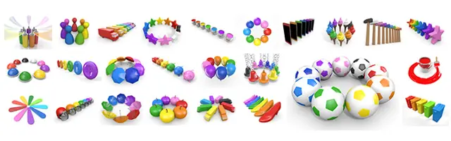 円形に配置されたカラフルな傘やサッカーボール、リンゴ、星型ブロックに加え、虹色のスプレー缶や風船など、バリエーション豊かな3Dオブジェクト素材。グループの結束や多様な要素の調和、イベントの賑わいを表現するデザインパーツとして役立ちます。