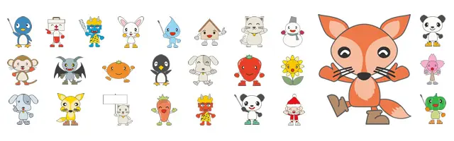 擬人化されたキツネ、雪だるま、サンタ、鬼、カボチャ、イチゴ、水滴、家などが笑顔でポーズをとるイラストセット。季節の行事や自然物をモチーフにした、ポップでかわいいキャラクター素材の詰め合わせです。