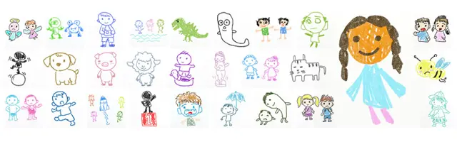 笑顔の女の子、幽霊、恐竜、家族、犬、ブタ、ハチなどを、子供がクレヨンで描いたようなタッチで表現したイラストセット。震えた線やラフな塗りが特徴的な、無邪気で素朴な落書き風のアートワーク素材です。