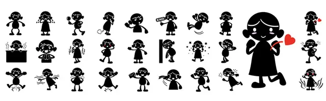 喜ぶ、驚く、手紙を渡す、覗く、叫ぶ、落ち込むなど、人物の様々な感情やアクションを表現した黒いシルエットイラストセット。シンプルで使いやすい、コミカルなピクトグラム風のフリー素材集です。