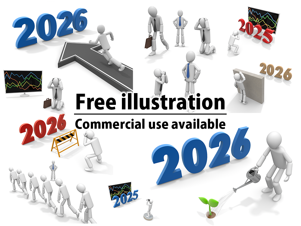 A collection of free illustrations depicting business growth and problem solving in 2026. High-resolution material depicting various business scenes such as meetings, negotiations, success, failure, and goal achievement.