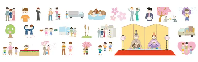 春の行事と新生活の無料イラスト素材集。卒業式や入学式の家族、満開の桜と花見、ひな祭りの雛人形、引越しのトラック、温泉につかる様子、ジューンブライドの結婚式、梅雨の傘、バレンタインなど、春の季節感が溢れるシーンが描かれています。