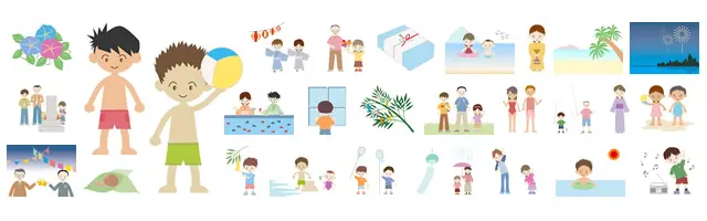 夏の風物詩とレジャーの無料イラスト素材集。海水浴やラジオ体操をする子供、朝顔、七夕の笹飾り、お盆の墓参りやお中元、花火大会、金魚すくい、スイカ、盆踊りなど、日本の夏休みや季節行事を象徴する多様なシーンが描かれています。