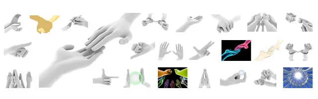 手錠をかけられた拘束の手、祈りを捧げる合掌、助けを求めて差し伸べる手と掴む手、プレゼントを渡す様子、食事のフォークを持つ手、青空に向かって円陣を組む集合の手など、救済・犯罪・協力・感謝・希望を描いた手のポーズイラストセット。