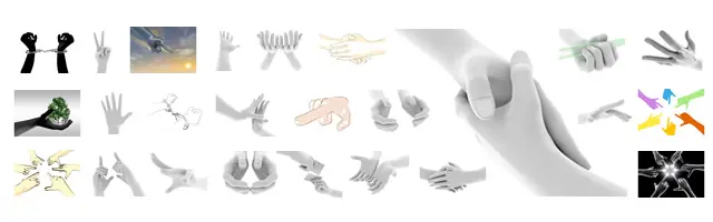 ビジネスシーンに最適な名刺交換や固い握手のアップ、手錠のシルエット、勝利のピースサイン、天を指差す手、何かを掴もうとする動作、数人で星型を作る指先など、成功・契約・意思表示・逮捕イメージに使える多様な手のイラスト素材。