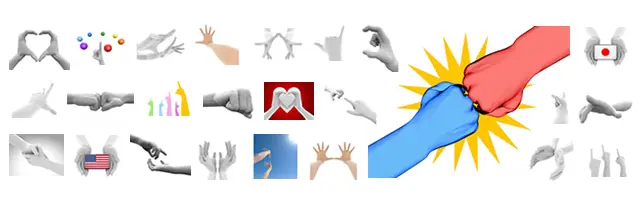 激しく衝突する赤と青の拳（フィストバンプ）、日米の国旗を持つ手、ハートマーク、ジャグリングをする手、影絵の鳩、小銭を渡す手、ハイタッチや挙手など、対決・国際交流・金銭のやり取り・遊び心を描いた、インパクトのある手のポーズ集。