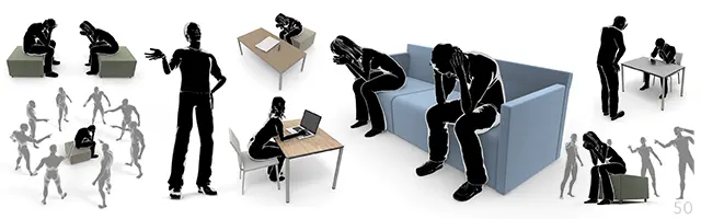 ソファで頭を抱え深く悩む男女、背中合わせで対立する夫婦、集団に指差される孤独、上司に叱責されデスクでうなだれるビジネスマンなど、人間関係の不和、精神的な落ち込み、職場のトラブルや孤立を具体的に描いた人物シルエットイラストセット。