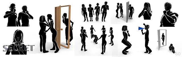 ドアや壁越しに聞き耳を立てる盗聴、口元に指を当て「静かに」と促すポーズ、陰でひっそりと内緒話や噂話をする男女、拡声器で叫ぶ様子など、秘密、隠し事、情報漏洩、プライバシーをテーマにした多種多様な人物シルエットのバリエーション素材。