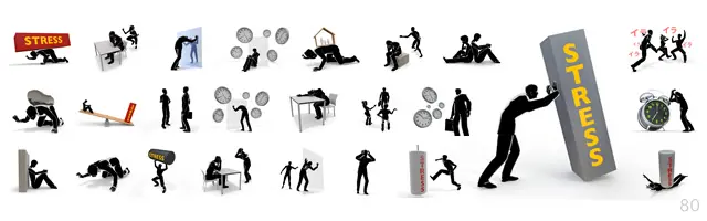 「STRESS」という巨大な重荷に潰される姿、時計に追われ頭を抱える焦燥感、イライラして喧嘩する男女、サンドバッグを蹴る発散、壁に頭を打ち付ける苦悩など、過度なストレス、プレッシャー、怒り、精神的疲労を表現した人物シルエット素材集。