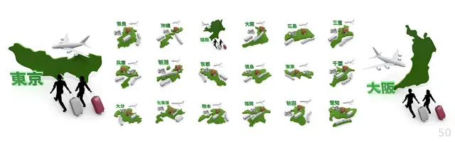 国内旅行をテーマにした都道府県地図のイラスト集。東京、大阪、北海道などの緑色の地図に、飛行機、新幹線、バス、スーツケースを引く旅行者のアイコンが添えられています。観光パンフレットや旅行サイトの装飾に最適な、動きのあるデザイン素材です。
