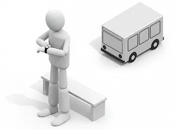 バス停で腕時計を見てバスを待っている人物のイラスト